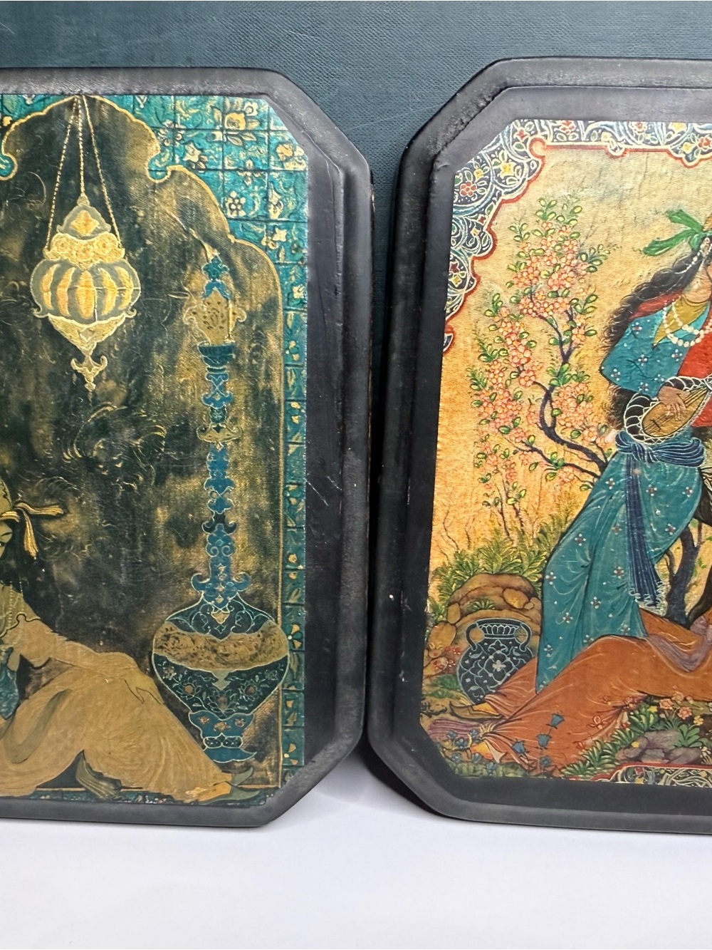 VTG Set of 2 Black Lacquer Persian Art Block Wood Plaques